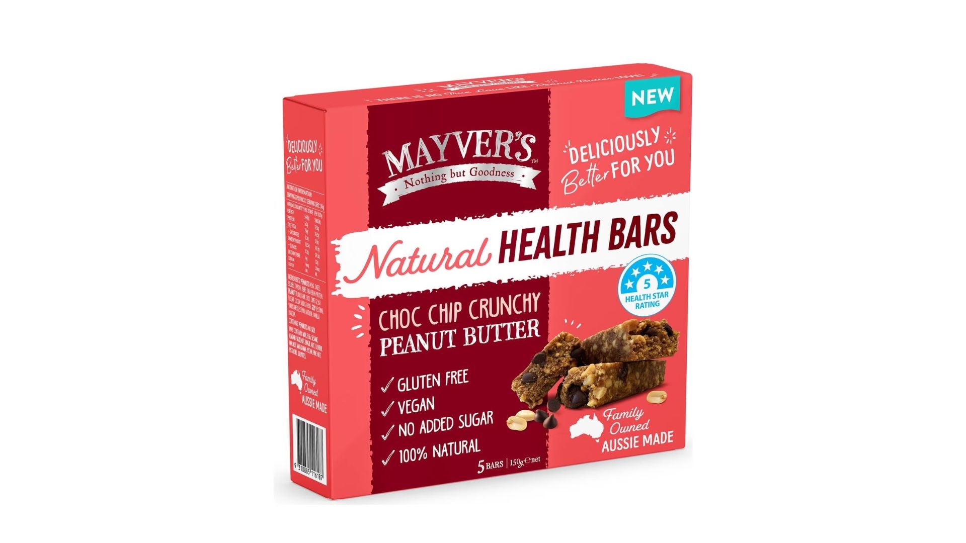 Mayver's Health Bar Choc Chip Crunchy Peanut Butter 5Pk